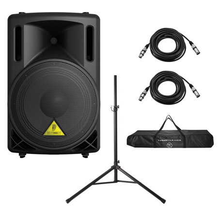 Behringer EUROLIVE B212D Active 500W 2-Way 12" PA Speaker System, Bundle with Turnstile Audio Speaker Stand and 2x H&A 25' XLR Microphone Cable