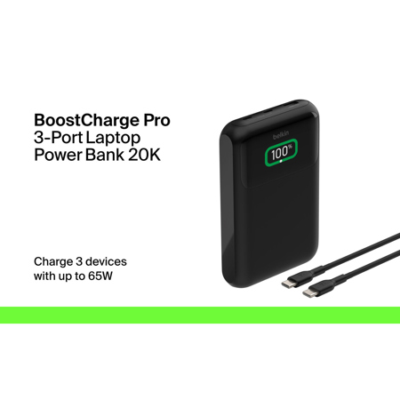 Belkin BoostCharge Pro 3-Port Laptop Power Bank 20K, Black