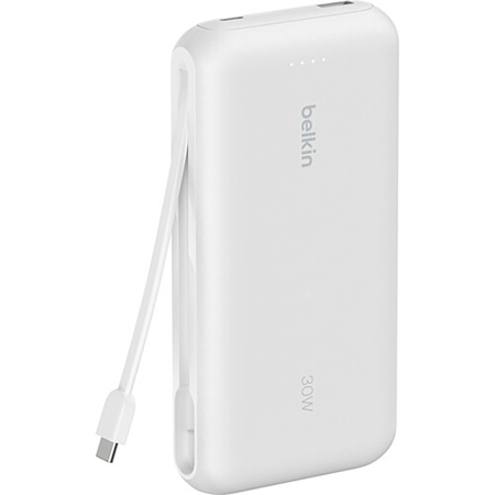 Belkin BoostCharge 30W 20000mAh Portable Power Bank with Integrated USB-C Cable, White