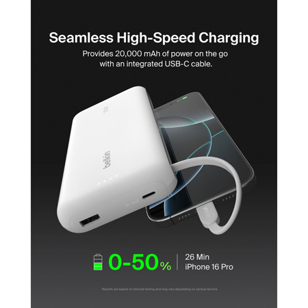 Belkin BoostCharge Power Bank 20K With Integrated Cable, White