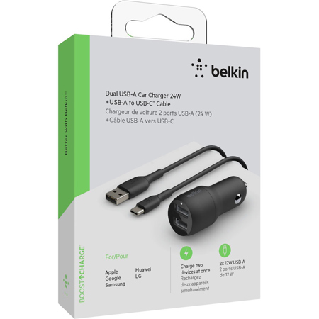 belkin cigarette charger Belkin Dual USB-A Car Charger 24W + USB-A to USB-C Cable