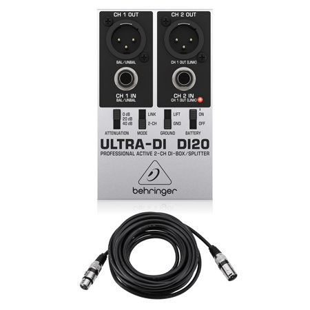 Behringer Ultra-DI DI20 Active 2-Channel DI-Box/Splitter, w/25' XLR Mic Cable