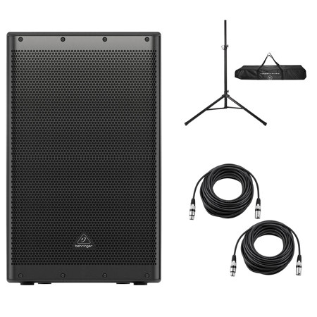 Behringer DR115DSP 15" 1400W Powered PA Speaker System with DSP and 2-Channel Mixer, Bundle with Speaker Stand and 2x 25' XLR Microphone Cable