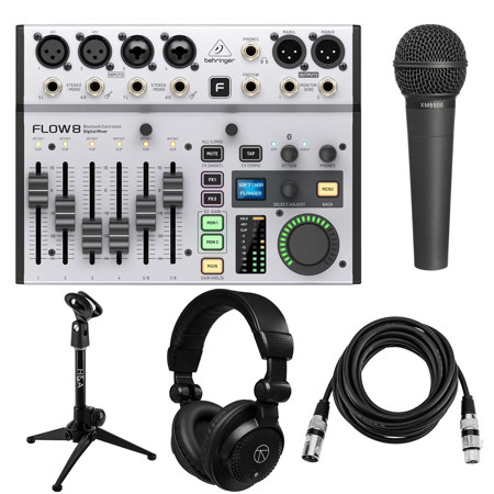 Behringer FLOW 8 8-Input Digital USB Audio Mixer, Bundle with ULTRAVOICE XM8500 Microphone, TAPH100 Headphones, Tripod Tabletop Stand and Value Series 15' Cable
