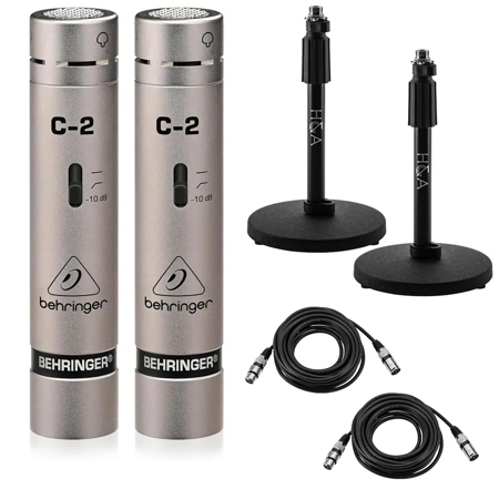 Behringer C-2 Matched Studio Condenser Microphones, Pair, Bundle with 2x Microphone Stand and 2x 25' XLR Microphone Cable