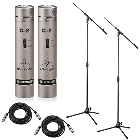 Behringer C-2 Matched Studio Condenser Microphones, Pair, Bundle with 2x Telescoping Boom Microphone Stand and 2x 25' XLR Microphone Cable