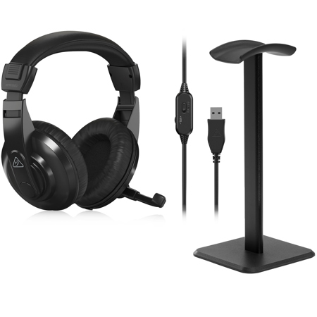 Behringer HPM1100U Wired Closed-Back Over-Ear USB Headset, Black, Bundle with Desktop Headphone Stand