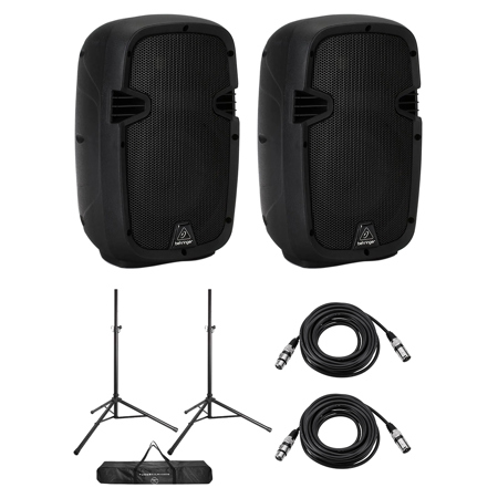 Behringer PK108A 8" 240W 2-Way Active PA Powered Speaker, Pair, Bundle with Speaker Stands and XLR Cables