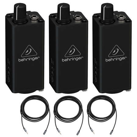 Behringer Powerplay PM1 Personal In-Ear Monitor Belt-Pack, 3-Pack, Bundle with 3x 10' Stereo Mini Male to Stereo Mini Female Headset Extension Cable