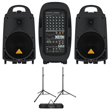 Behringer Europort PPA2000BT 2000W 8-Ch Portable PA System, Bundle w/2x Stands
