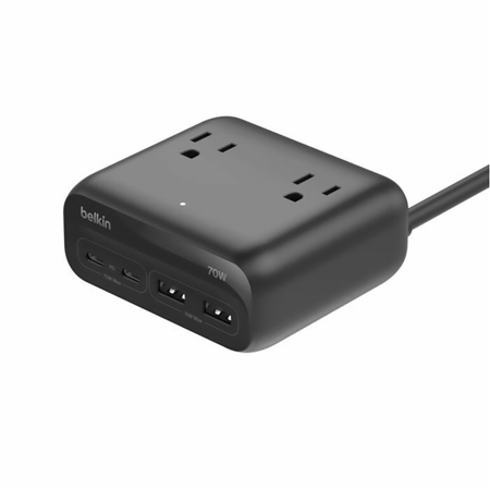 Belkin 70W 3-Outlet GaN Desktop Charging Station with 2x USB-A and 2x USB-C Ports, Black