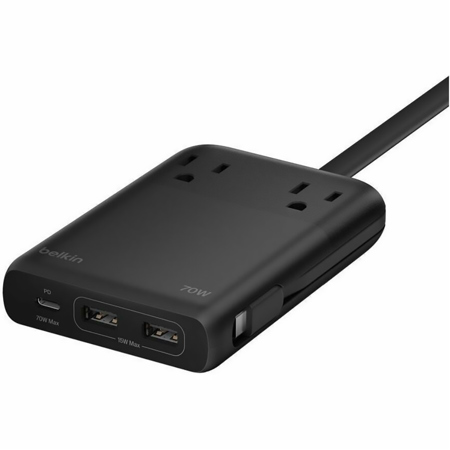 Belkin 70W 2-Outlet GaN Desktop Charging Station with USB Ports and USB-C Cable, Black