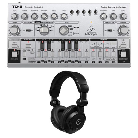 Behringer TD-3 Analog Bass Line Synthesizer, Silver, Bundle with TAPH100 Studio Monitor Headphones