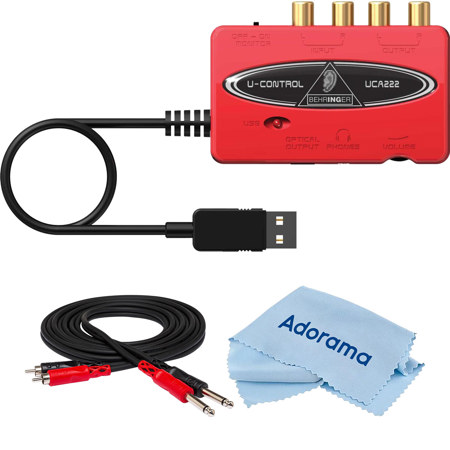 Behringer UCA222 Ultra-Low Latency 2-In/2 Out USB/Audio Interface with Digital Output, Software Bundle, Two 1/4in Phone - 2 RCA Male 6.6ft Unbalance Cable, Microfiber Cleaning Cloth