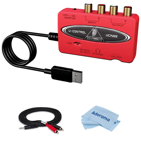 Behringer UCA222 Ultra-Low Latency 2-In/2 Out USB/Audio Interface with Digital Output, Software Bundle, 6ft Stereo 3.5mm Mini Male to 2 RCA Males Y-Cable, Microfiber Cleaning Cloth