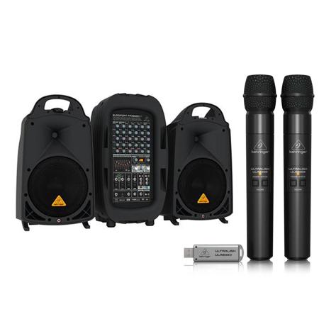Behringer Ultralink ULM202USB High-Performance 2.4 GHz Digital Wireless System, Includes 2 Microphones and Dual-Mode USB Receiver - With Behringer Europort PPA2000BT 2000-Watt 8-Channel PA System