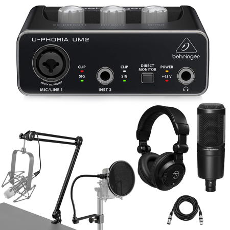 Behringer U-PHORIA UM2 2x2 USB Audio Interface, Bundle with AT2020 Microphone and Broadcast Arm w 10' XLR Cable, Headphones