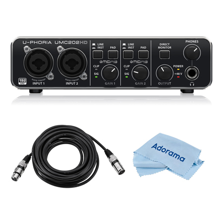 Behringer U-Phoria UMC202HD Audiophile 2x2 USB Audio Interface with MIDAS Mic Preamplifiers, 24-Bit/192kHz Resolution - With 6' 8mm XLR Microphone Cable, Fiber Optic Cleaning Cloth