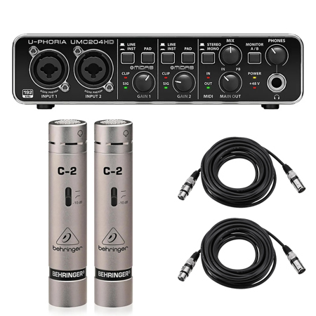 Behringer U-Phoria UMC204HD Audiophile 2x4 USB Audio/MIDI Interface, Bundle with 2x C-2 Microphones and 2x 25' XLR Cable