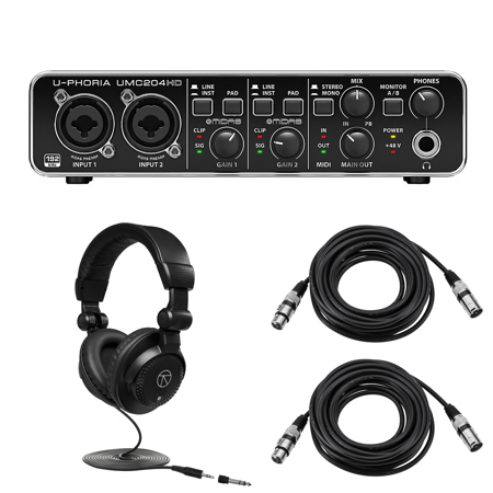 Behringer U-Phoria UMC204HD Audiophile 2x4 USB Audio/MIDI Interface with MIDAS Mic Preamplifiers, Bundle with Headphones and 2x Microphone Cable