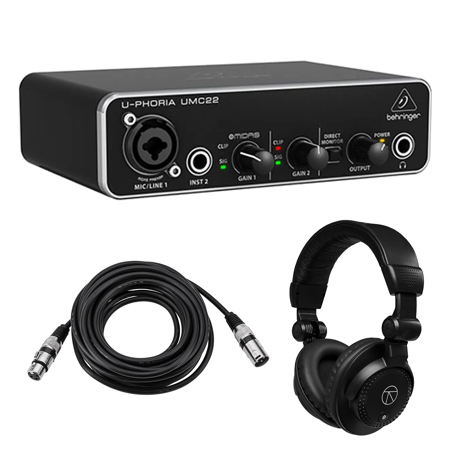 Behringer U-Phoria UMC 22 Audiophile 2x2 USB Audio Interface with MIDAS Mic Preamplifier, Bundle with TAPH100 Headphones and 25' XLR M to F Microphone Cable