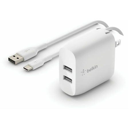 Belkin BoostCharge 24W Dual-Port USB-A Wall Charger with 3.3' USB-C Cable, White