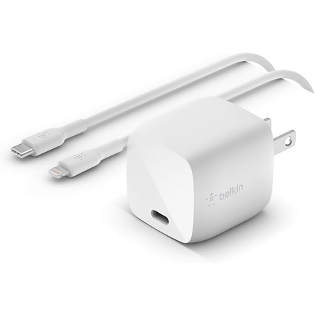 Belkin BoostCharge Pro 30W USB-C PD GaN Wall Charger with 3.3' Lightning Cable, White
