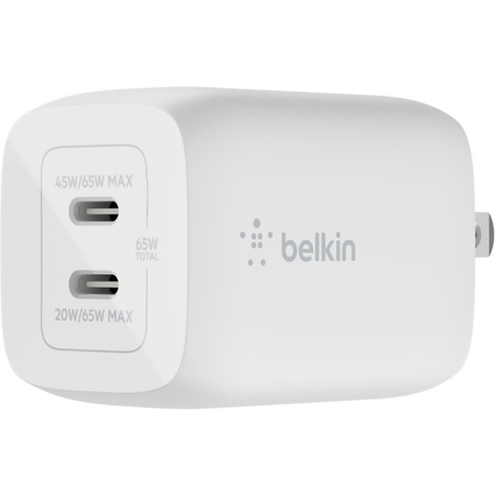 Belkin BoostCharge Pro 65W Dual-Port USB-C PD 3.0 PPS GaN Wall Charger, White