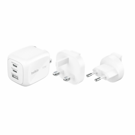 Belkin BoostCharge Pro 70W 3-Port USB PD 3.1 PPS GaN Wall Charger with UK/EU Plug and Travel Pouch, White