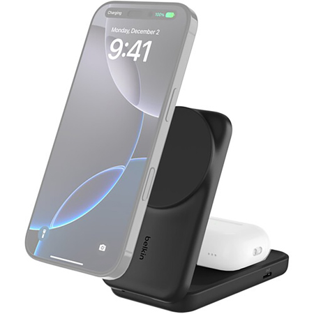 Belkin UltraCharge 25W 2-in-1 Magnetic Qi2 Wireless Foldable Charger, Round Form, Black