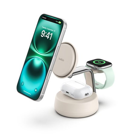 Belkin UltraCharge Pro 25W 3-in-1 Magnetic Qi2 Wireless Charging Dock, Sand