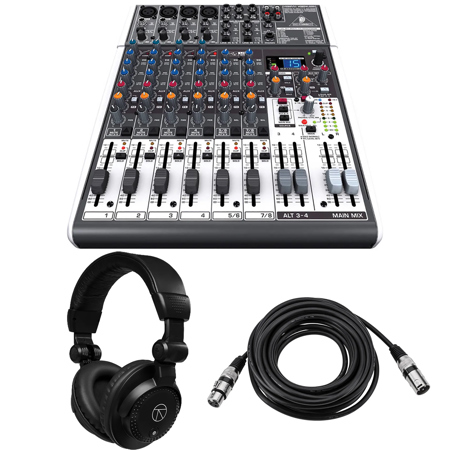 Behringer XENYX X1204USB Premium 12-Input 2/2-Bus Mixer, Bundle with Headphones and 25' XLR Microphone Cable