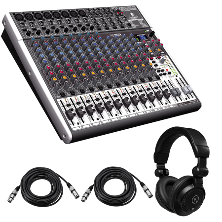 Behringer XENYX X2222USB Premium 22-Input 2/2-Bus Mixer, Bundle with TAPH100 Studio Headphones and 2x 25' XLR Microphone Cable