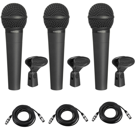 Behringer ULTRAVOICE XM8500 Dynamic Cardioid Vocal Microphone, Bundle with 25' XLR Cable, 3-Pack