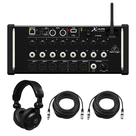 Behringer X Air XR16 Digital Mixer with Wi-Fi and USB Recorder, Bundle with TAPH100 Headphones and 2x 50' XLR Microphone Cable