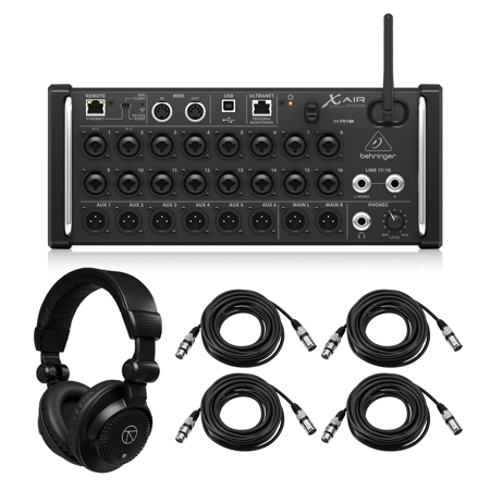 Behringer XAir XR18 18-Channel 12-Bus Wireless Digital Mixer for iPad/Android Tablet with Closed-Back Studio Monitor Headphones and Value Series XLR M to F Professional Microphone Cable - 25'