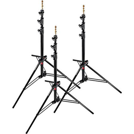 Manfrotto 1005BAC 107" Air Cushioned Aluminum Ranker Light Stand with 3-Sections & 2 Risers, Black - Pack of 3 Stands