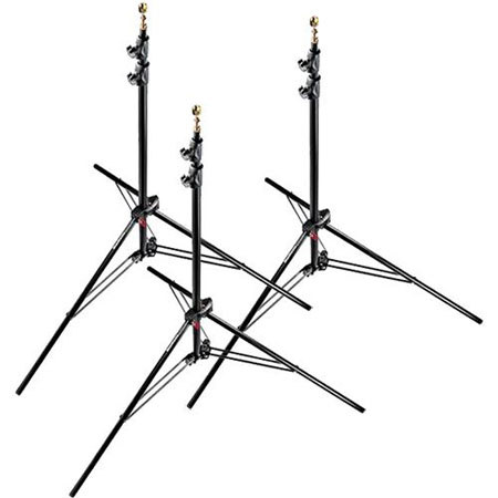 Manfrotto 1052BAC 93" Air Cushioned Aluminum Compact Stand with 3-Sections & 2 Risers, Black - Pack of 3 Stands