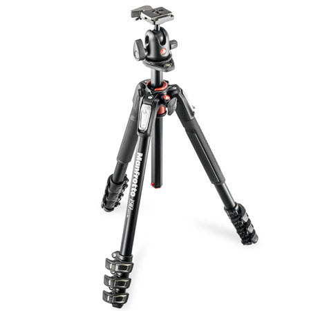 Manfrotto 190 Aluminum 4-Section Tripod Kit with 496RC2 Ball Head - Horizontal Column, 67" Max Height, Supports 15.4 lbs