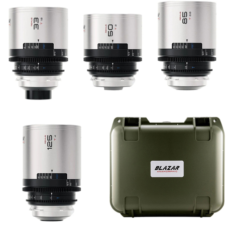 BLAZAR LENS Remus 1.5x Anamorphic Cine 4-Lens Kit with 33mm T1.8, 50mm T2.0, 85mm T2.8/125mm T4.0, PL Mount, Silver Flare