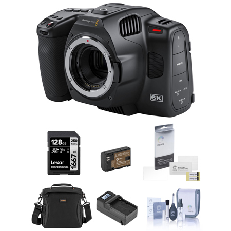 Blackmagic Design Pocket Cinema Camera 6K Pro Bundle with 128GB SD Card, Shoulder Bag, Charger, Extra Battery, Screen Protector, Cleaning Kit