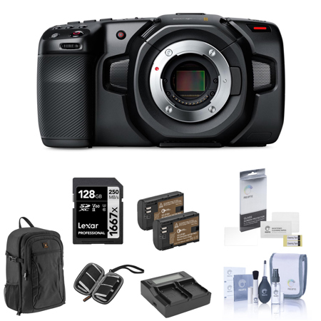 Blackmagic Design Pocket Cinema Camera 4K Bundle with 128GB SD Card, Backpack, 2x Battery, Charger, Screen Protector, SD Card Case, Cleaning Kit