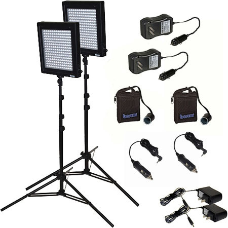 Bescor LED-200KNMH, Twin 200W LED Dimmable Studio Light & Battery Kit