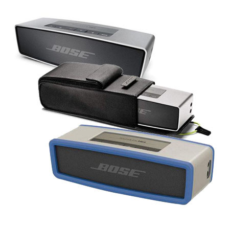 Bose SoundLink Mini Bluetooth Speaker Silver With Travel Bag And Soft Cover Blue