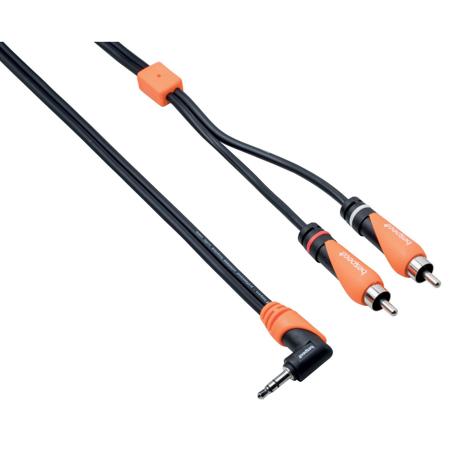 Bespeco 15' Right Angle 3.5mm Stereo Jack to 2x RCA Male Cable, Black/Orange