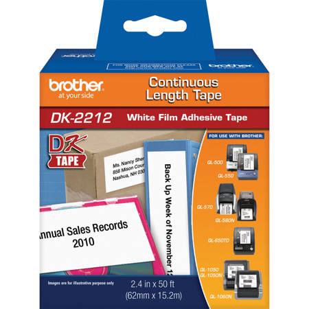 Brother DK2212 2.4" x 50ft Black on White Continuous Length Paper Tape