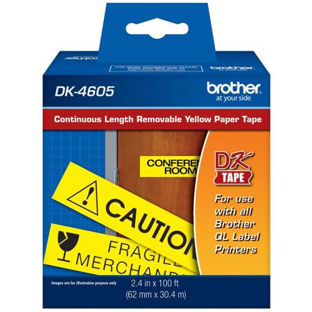 Brother 2.4"x100' Removable Continuous Length Paper Tape, Black on Yellow
