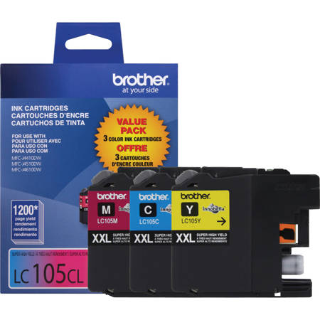 Brother LC105 Innobella Super High-Yield XXL 3-Color Ink Cartridges Set, 1200 Pages Yield/Cartridge, Cyan, Magenta & Yellow