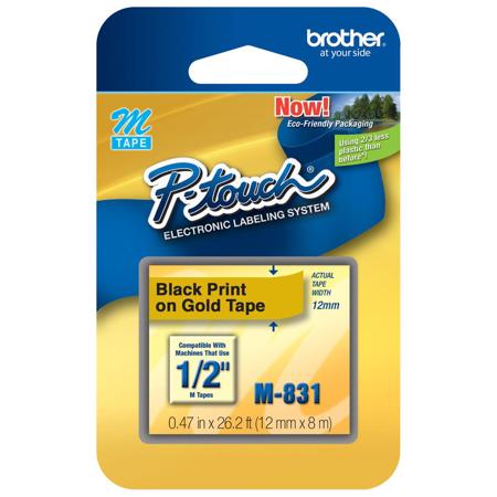 Brother 0.47"x26.2' Non-Laminated Tape for P-Touch Labelers, Black on Gold