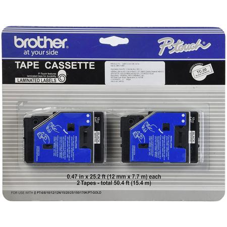 Brother 12mm (0.47") Black on White Tape, 2 Pack
